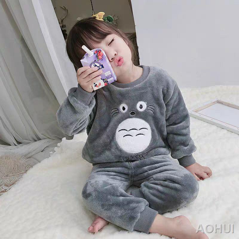 Bộ đồ ngủ lông cừu san hô trẻ em cho bé trai và bé gái trong mùa đông vải nỉ dày dặn dễ thương cho bé trung niên phù hợp