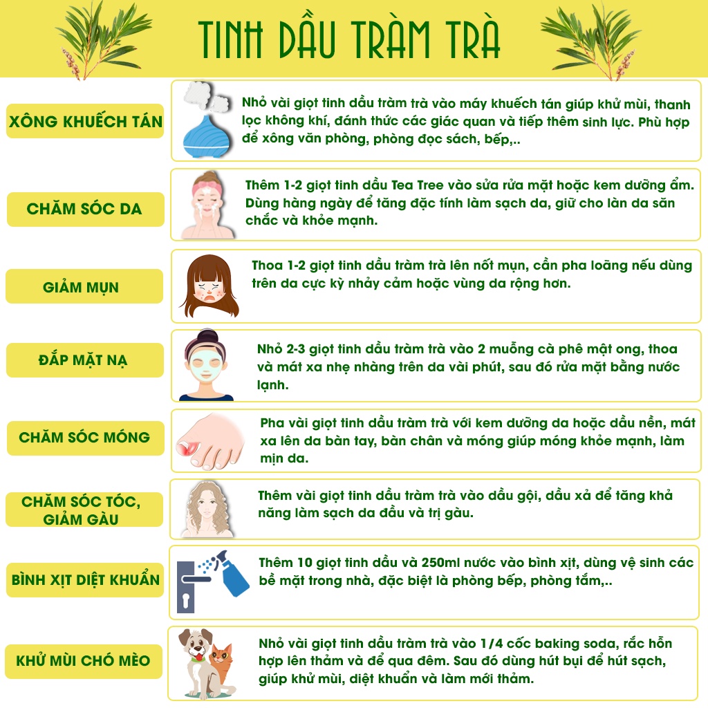 Tinh dầu Tràm Trà nguyên chất chai 10ml/30ml TAMAS, Tinh dầu thơm phòng, khử mùi, thanh lọc không khí, làm đẹp da,...