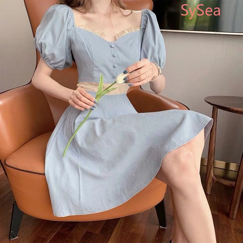 Đầm tay phồng cổ vuông thời trang mùa hè phong cách Pháp cho nữ
