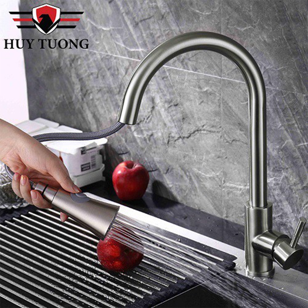 Vòi rửa bát nóng lạnh Inox SUS304 rút dây 2 chế độ, vòi rửa chén bát xịt nước nóng lạnh xoay 360 độ cao cấp - Huy Tưởng