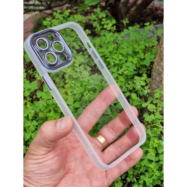 (iPhone 13)_Ốp lưng kính trong viền màu bảo vệ camera gắn đá nhũ cho iPhone 13,13 pro,13 pro max chính hãng Miruyi