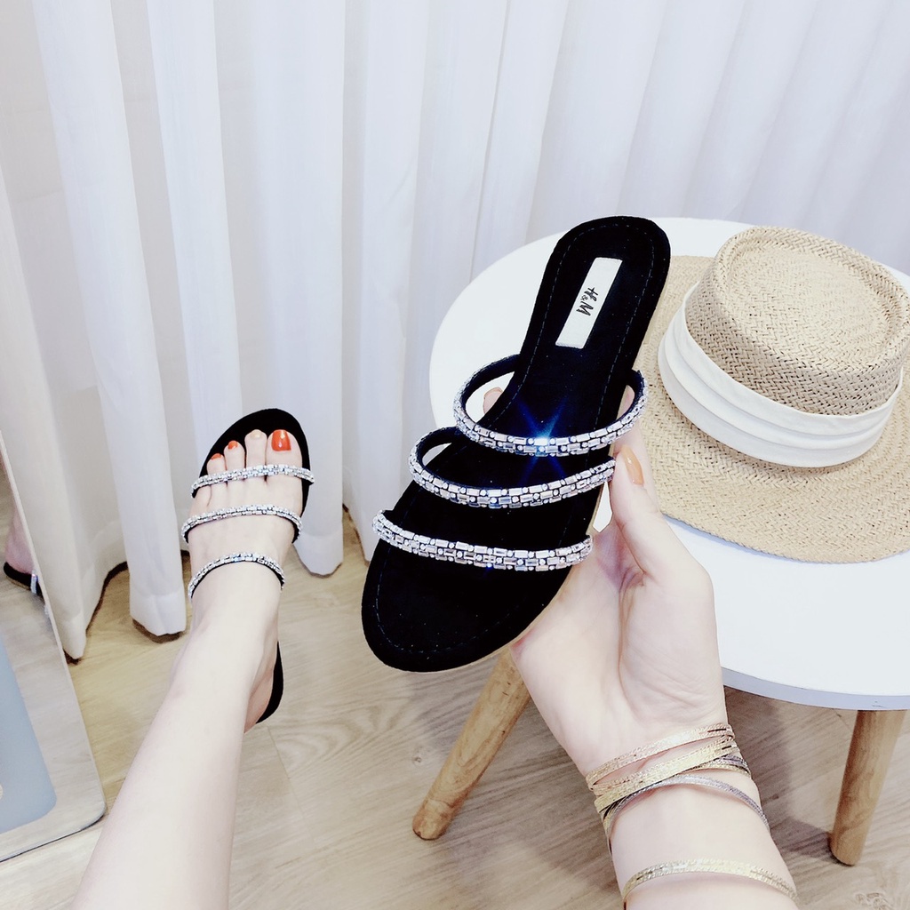 Dép lê quai ngang 3 dây đá, đế nỉ