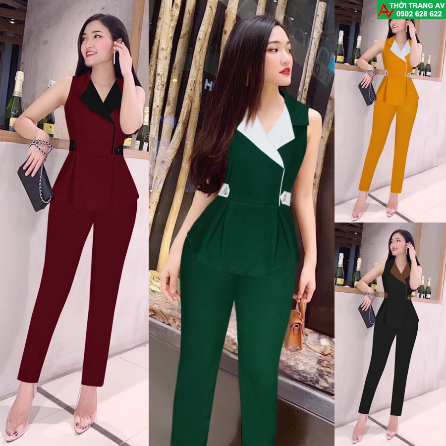 AV6525 - Bộ áo vest sát nách cổ phối màu eo nhấn và quần dài xinh xắn