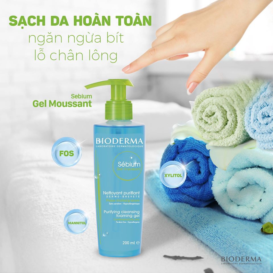 Gel Rửa Mặt Bioderma Sébium Gel Moussant dành cho da dầu, hỗn hợp 200ml của Pháp dạng vòi
