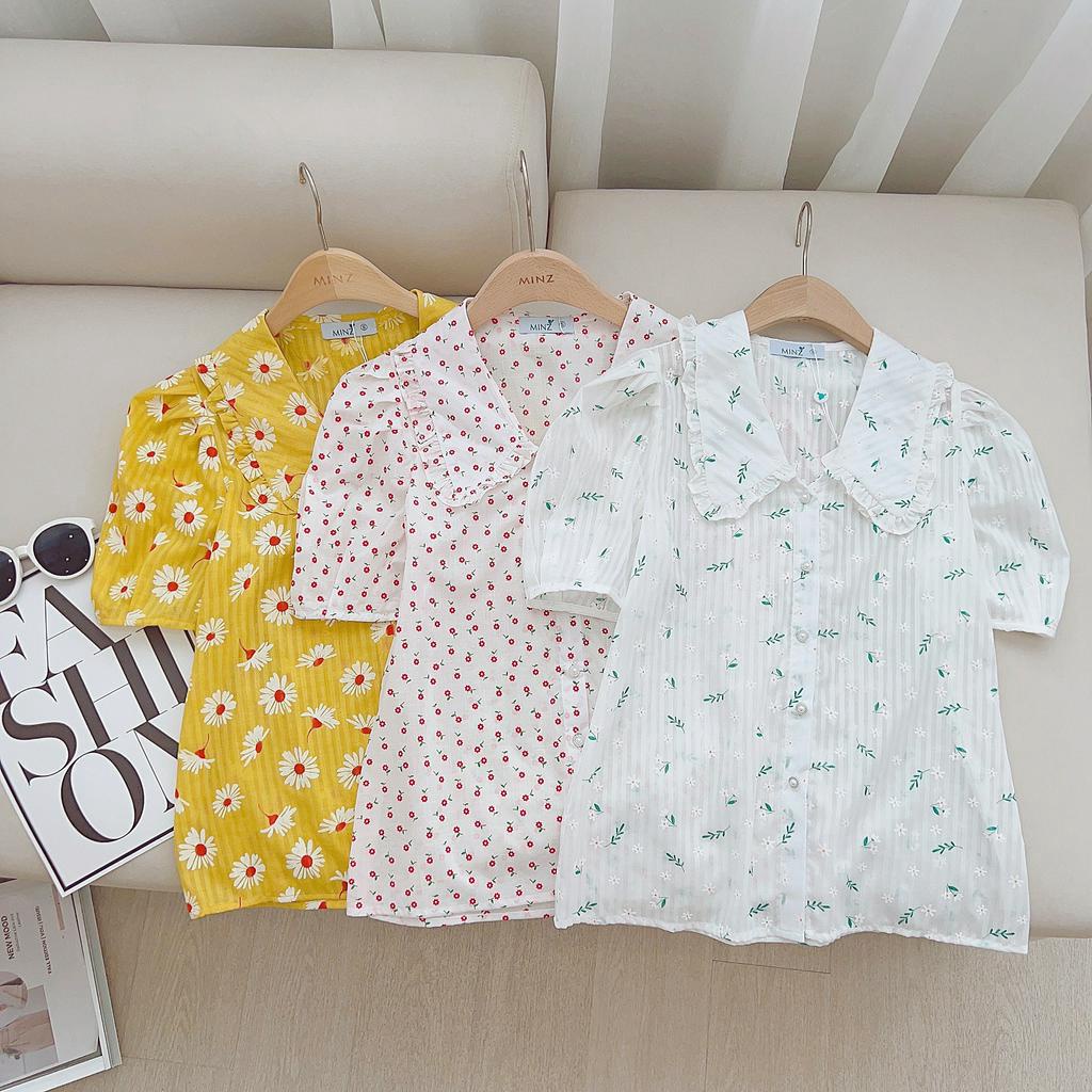 Áo Sơ Mi Thô Hoa MINZ STORE Mã 3859, Thiết Kế Cổ Sen Viền Bèo