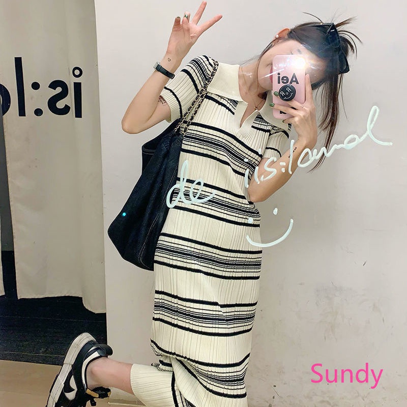 Đầm Dệt Kim Ngắn Tay Họa Tiết Kẻ Sọc Thời Trang Mùa Thu Hàn Quốc Cho Nữ