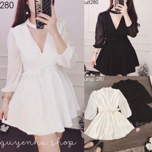 Đầm choker đắp chéo thắt nơ eo