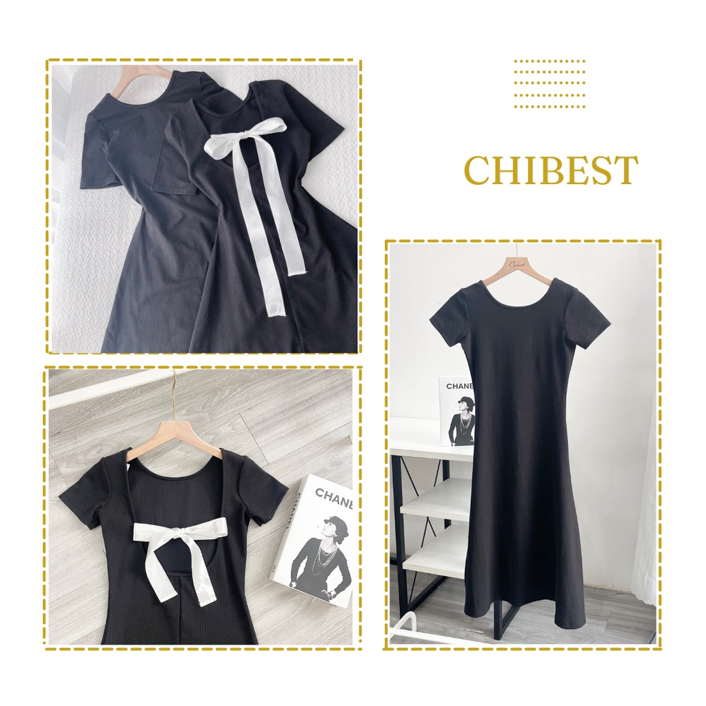 Đầm maxi xòe dài thun gân phối nơ lưng trắng LDB73 CHIBEST