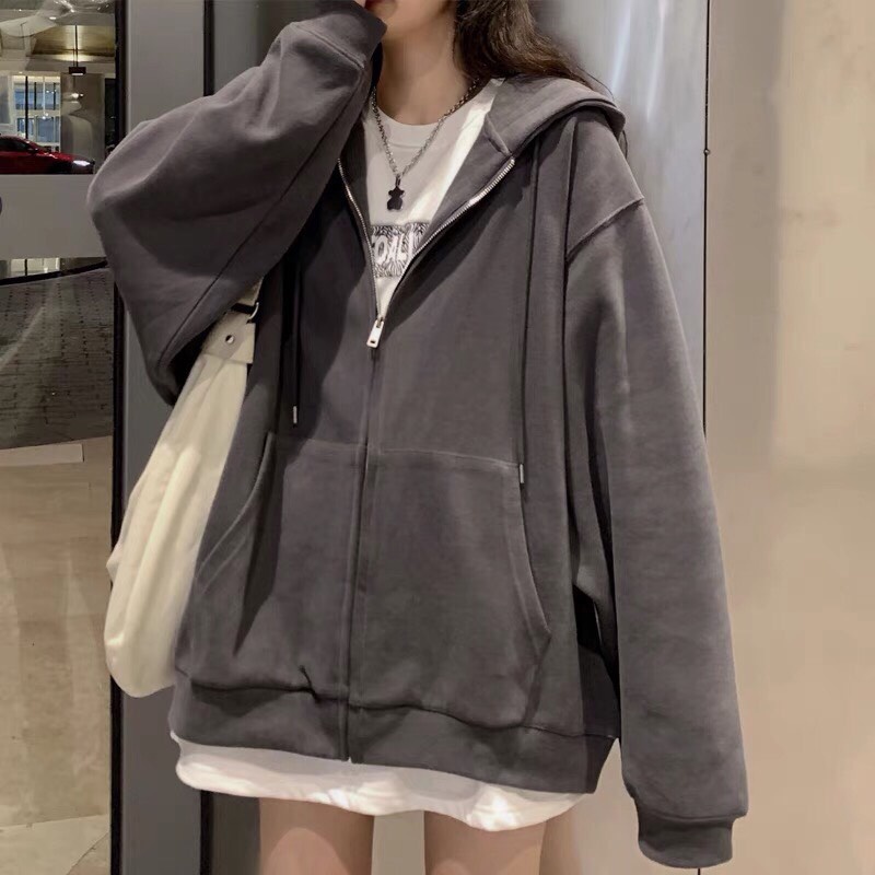 Áo Khoác Nỉ Nữ Trơn Mũ To 2 Lớp Có Túi Trước Áo Hoodie Nỉ Kéo Khóa Tay Phồng Freesize Dáng Rộng