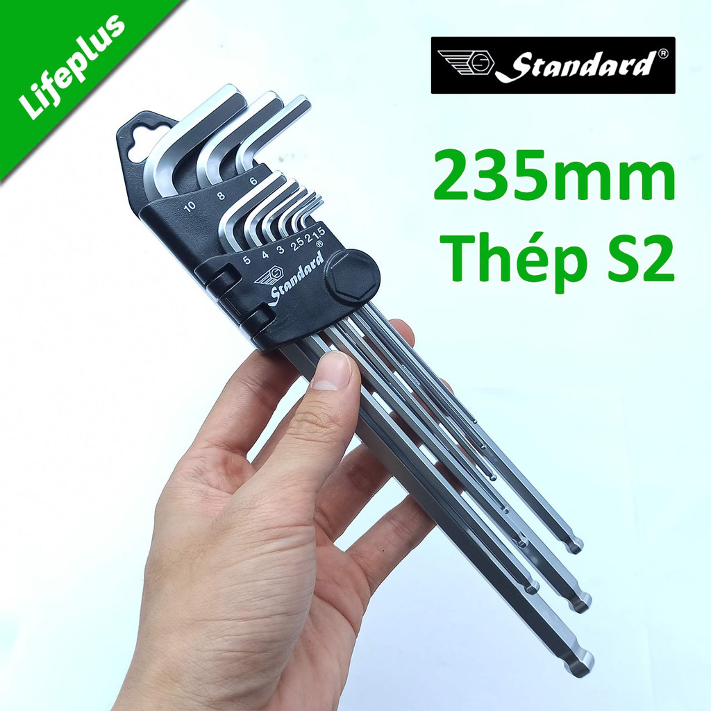Bộ lục giác 9 cây đầu bi 1.5-10mm Standard xi trắng dài 235mm