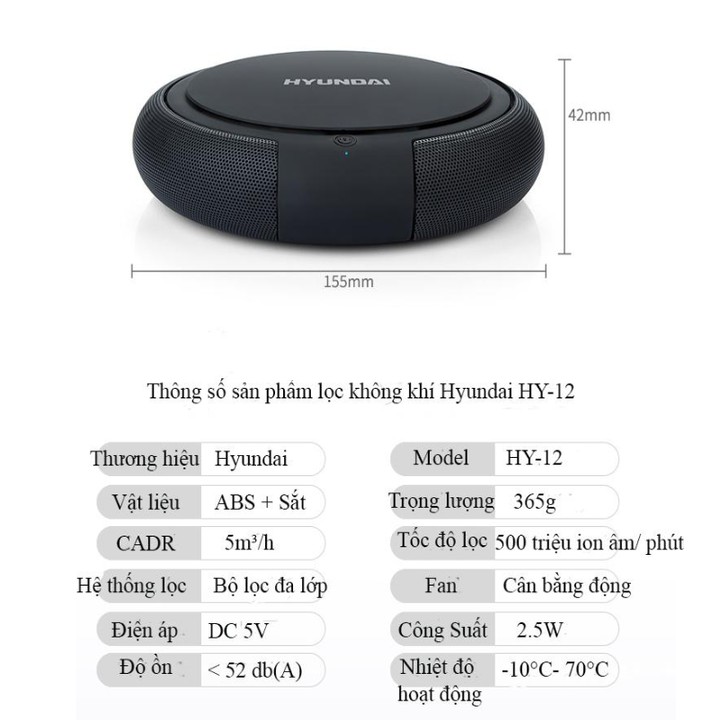 Máy khử mùi, lọc không khí Hyundai trong ô tô HY-12 Công suất 2.5W - Bảo hành 12 tháng