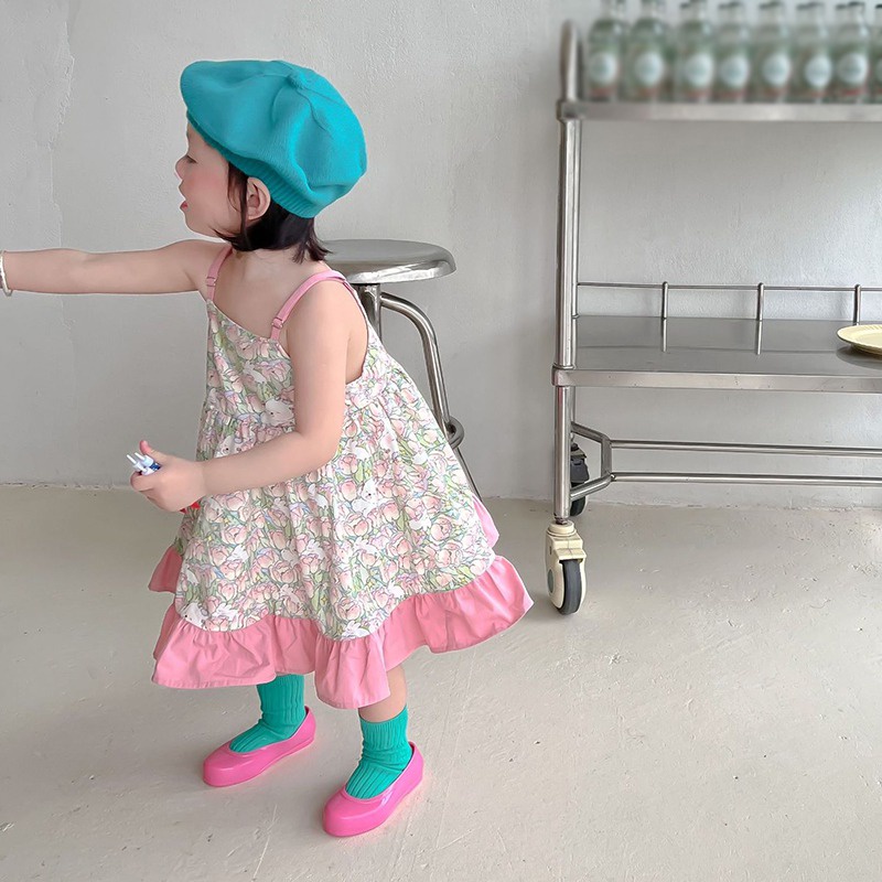 Đầm Hai Dây Viền Bèo Nhún Họa Tiết Hoa Phong Cách Công Chúa Màu Hồng Xinh Xắn Cho Bé Gái