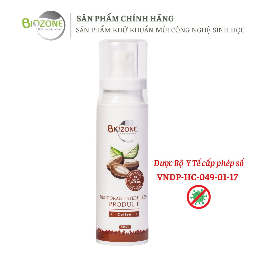 Chai Xịt Khử Mùi Diệt Khuẩn 99,99% BioZone, Mùi Cà Phê 100% Tự nhiên Chai 100ml - An toàn - Diệt Khuẩn Khử Mùi Hiệu Quả