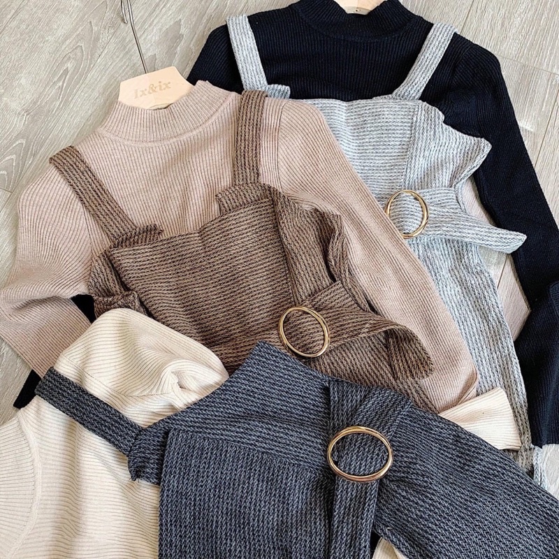 Sét Yếm Quần Chất Dạ Kèm Đai Mix Áo Len Tay Dài Cổ 3 Phân Hàng Quảng Châu ❤️