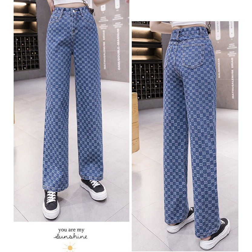 Quần Jeans Baggy Nữ LV_ GC in họa tiết gucc.i ống suông rộng hot trend 2021