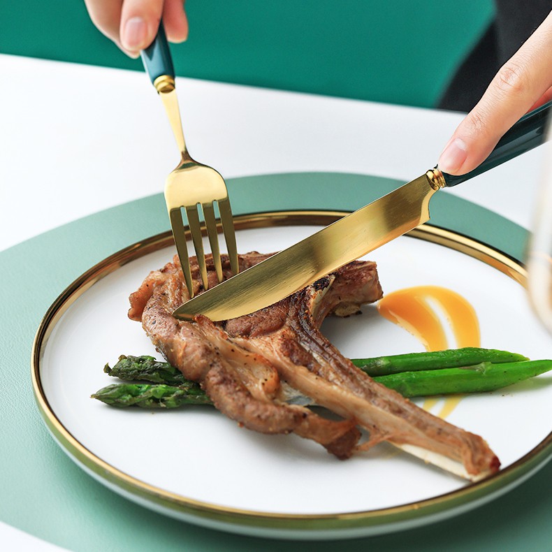 Thìa inox, dao dĩa dũa muỗng inox mạ vàng, tay cầm bằng gốm màu xanh cổ vịt sang trọng cho bàn ăn