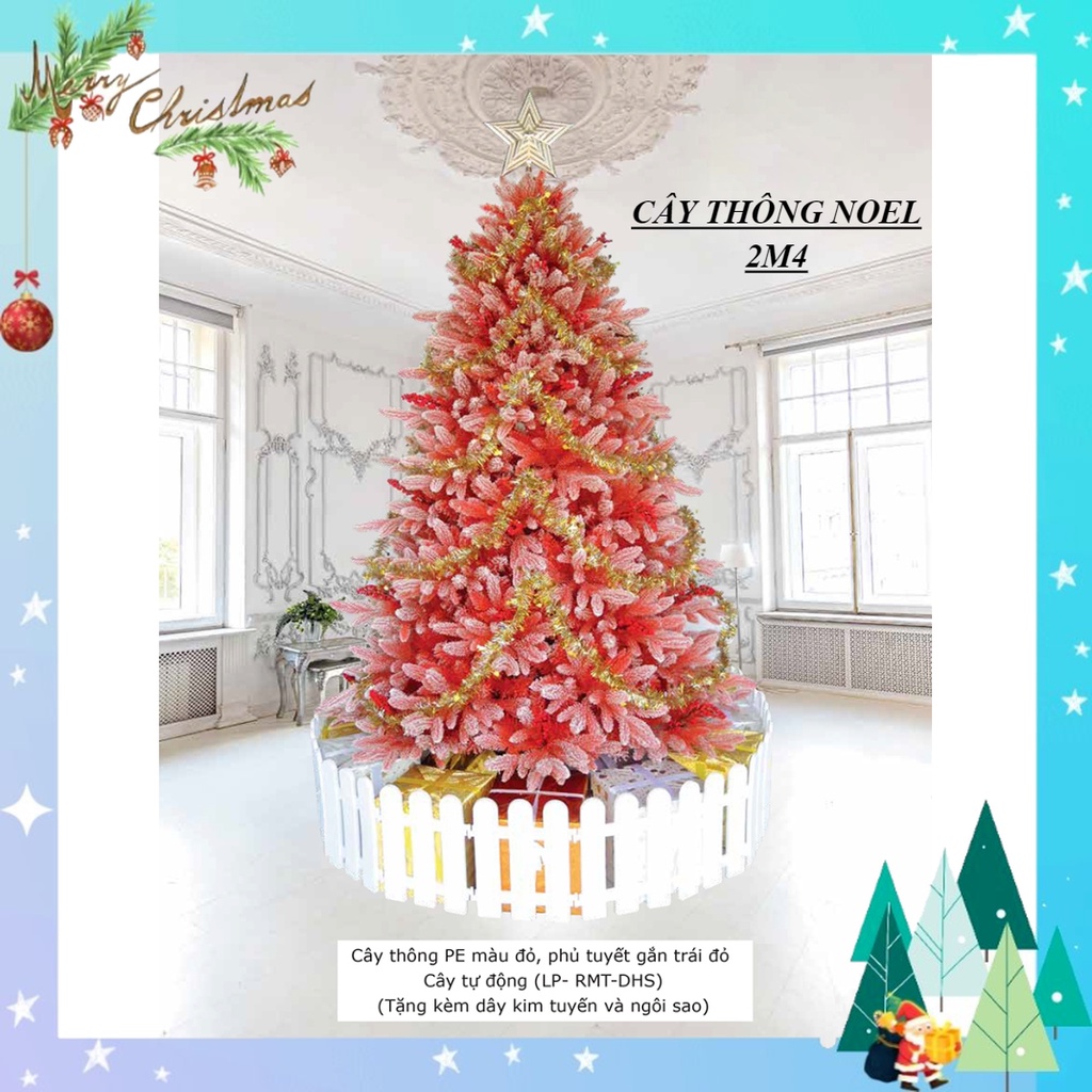 Cây thông noel 2m4 PE màu đỏ, cây thông noel phủ tuyết gắn trái đỏ 2m4– cây tự động trang trí giáng sinh