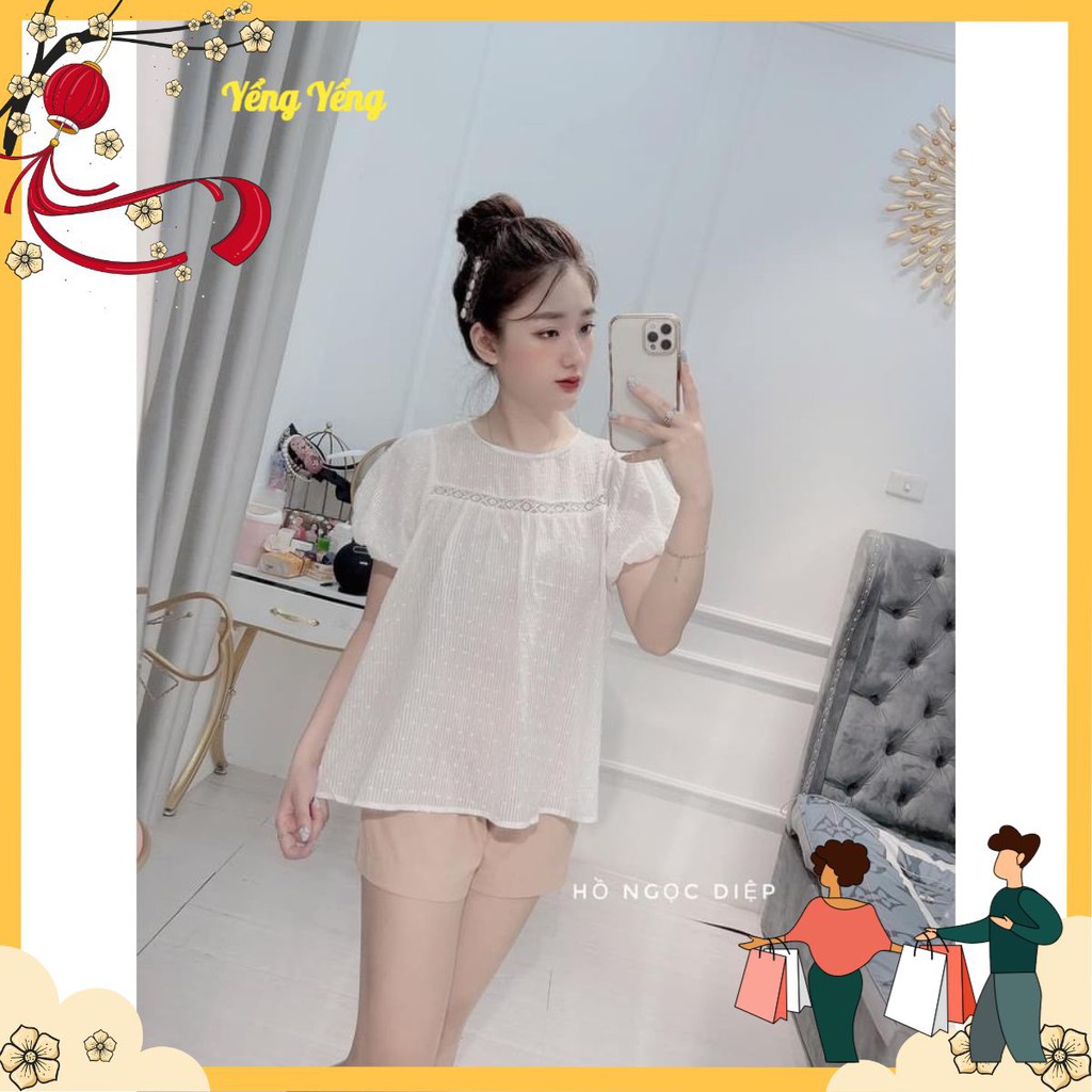 SNU169 - SET NỮ ÁO REN TRẮNG TAY BỒNG MIX QUẦN SOOC NÂU