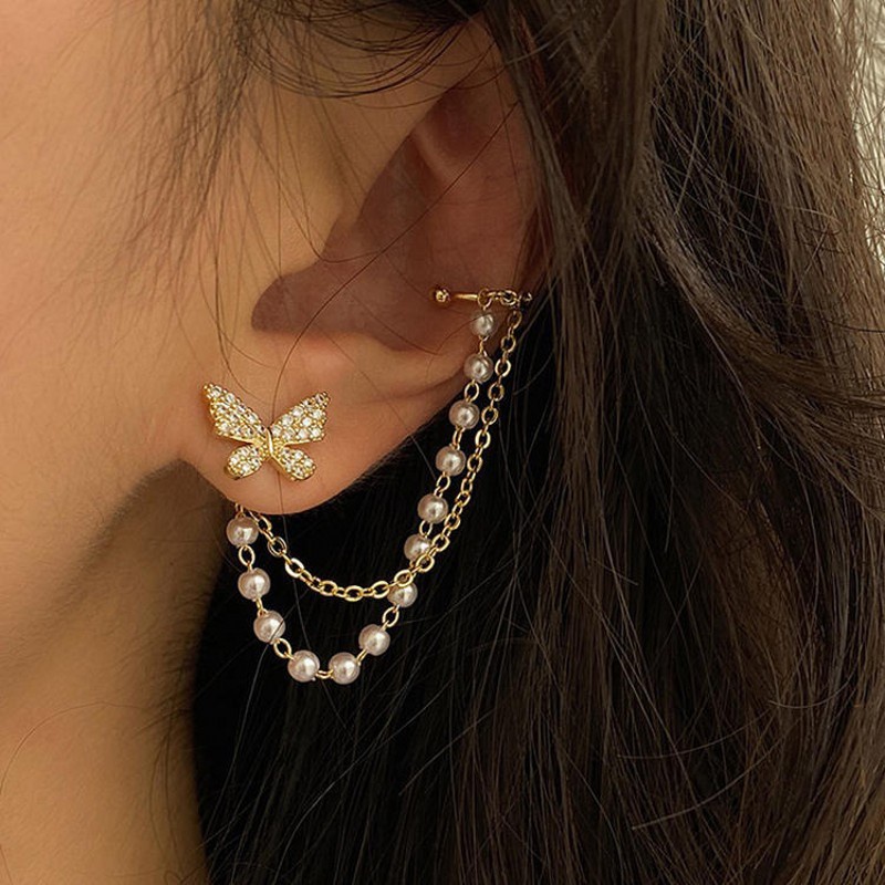 Bông tai hình bướm đính đá phối chuỗi ngọc trai giả phong cách dễ thương cho nữ