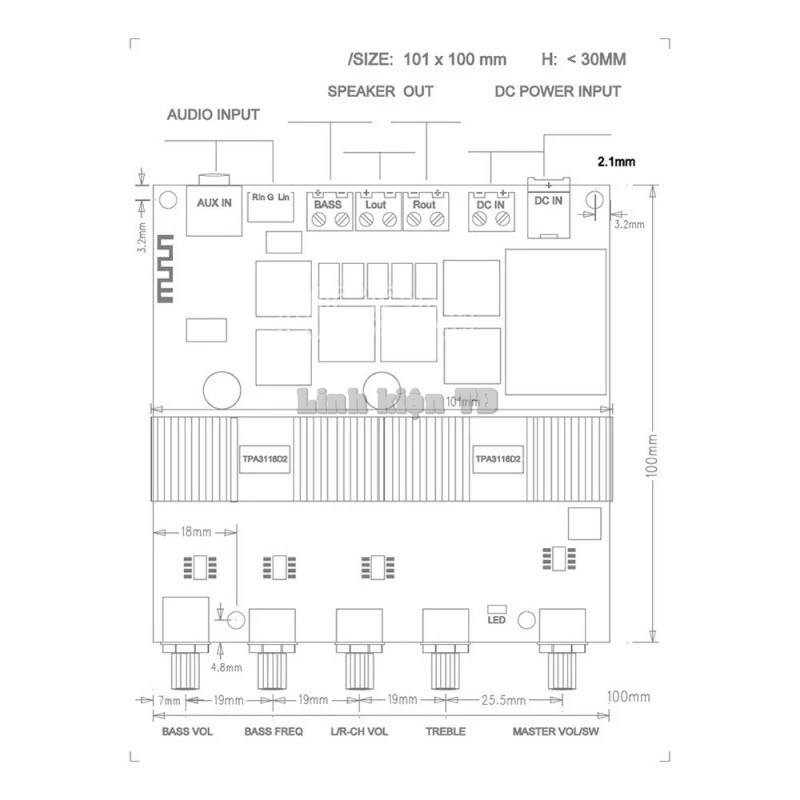 Mạch khuếch đại Bluetooth 2.1 TPA3116 50Wx2+100W