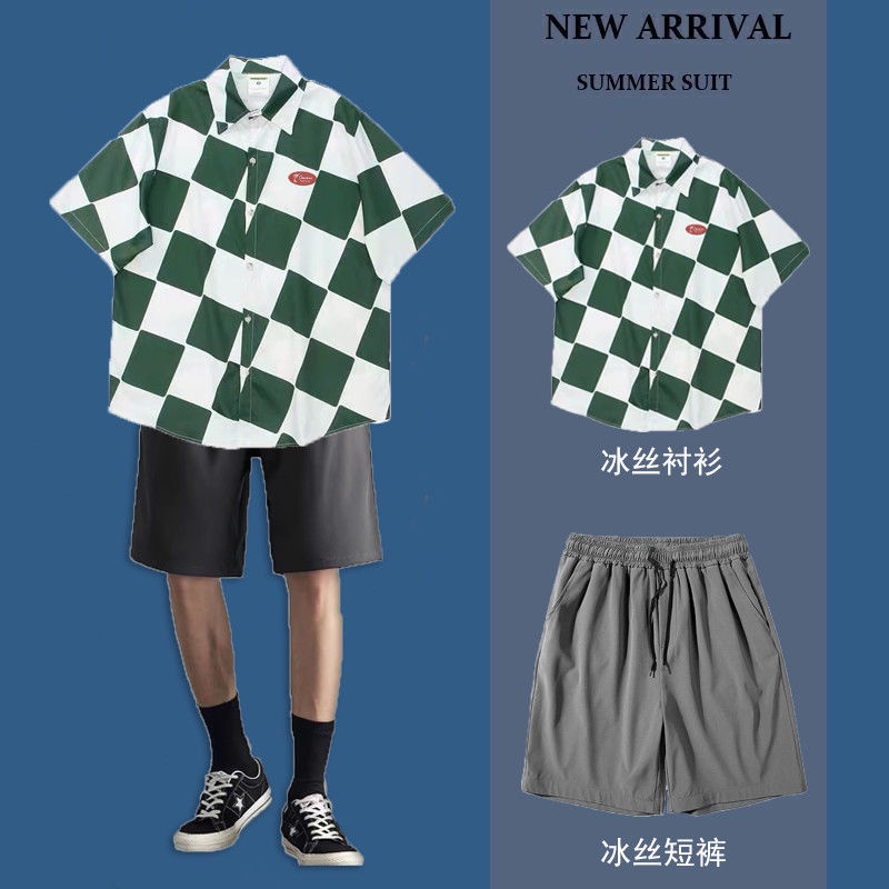 Set Áo Sơ Mi Tay Ngắn Họa Tiết Sọc Caro Và Quần Short Phong Cách Retro Cho Nam