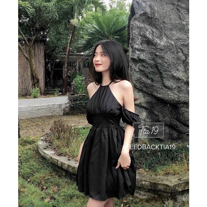 Đầm Xoè cổ yếm Tay Ngắn Trễ Vai siêu xinh