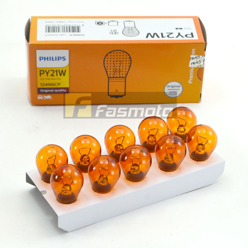 Philips Halogen PY21W 12496CP - 12V/21W - 1 tim - Chân chéo - (Đèn xi nhan trước sau,...) Hộp 10 bóng