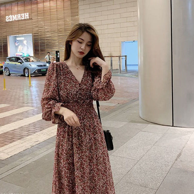 Đầm hoa BH tay dài cổ chữ V phong cách Hàn Quốc thời trang dành cho nữ
