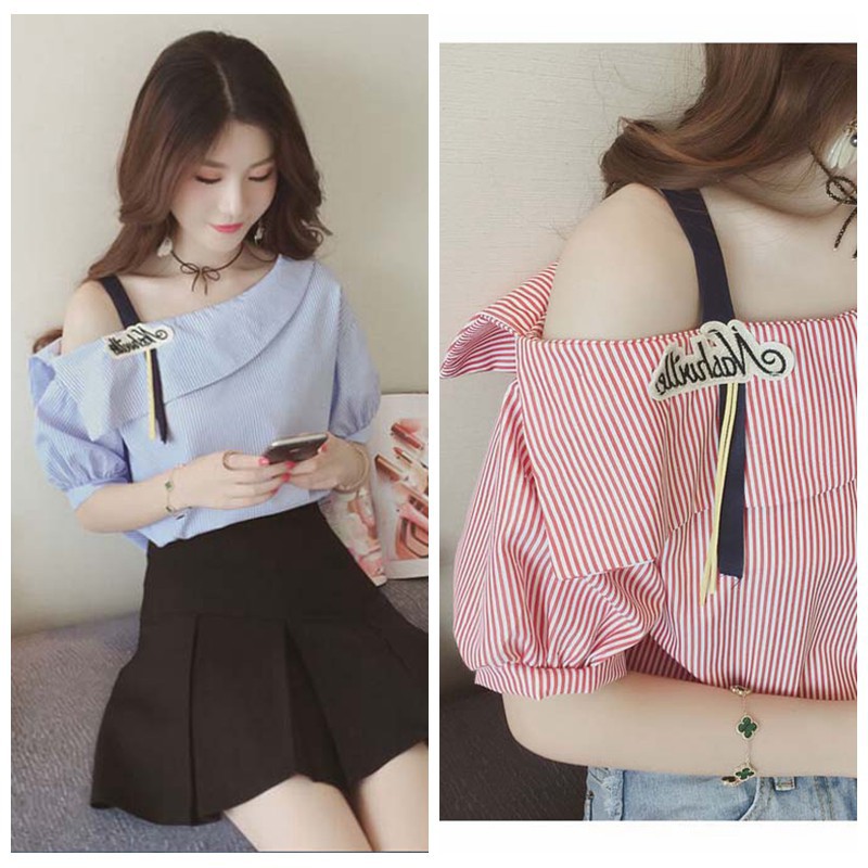 Rerela Summer Sweet Girls Off Shoulder Female Blouse Shirt Sexy Striped Shirt | WebRaoVat - webraovat.net.vn