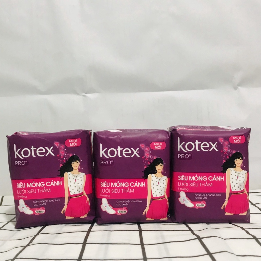 1/8 Băng vệ sinh Kotex Pro siêu mỏng có cánh/ không cánh 8 miếng