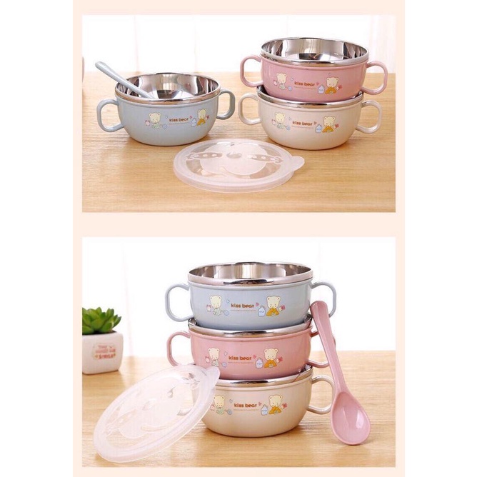 Chén bát inox cách nhiệt hình gấu có nắp và muỗng cho bé