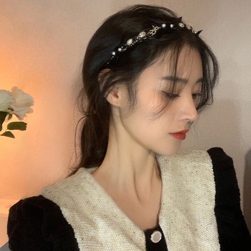 Băng Đô Nhung Đen Đính Ngọc Trai Giả Phong Cách Hàn Quốc Cho Nữ