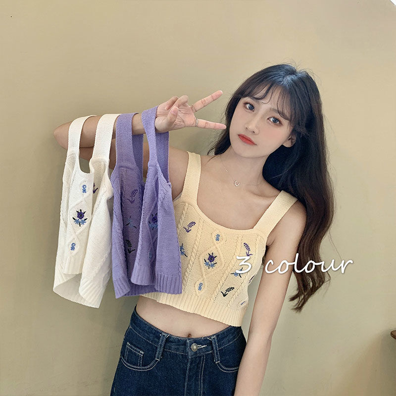 Áo Dệt Kim Hai Dây Thêu Họa Tiết Xinh Xắn Phong Cách Retro Cho Nữ