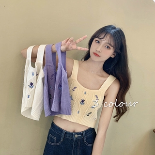 Áo dệt kim hai dây thêu họa tiết xinh xắn phong cách retro cho nữ
