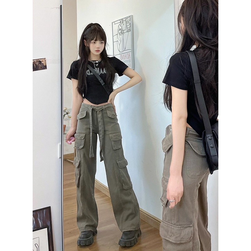 Set Áo Thun Lửng Ngắn Tay + Quần jeans Dài Lưng Cao Ống Rộng Thời Trang Cho Nữ