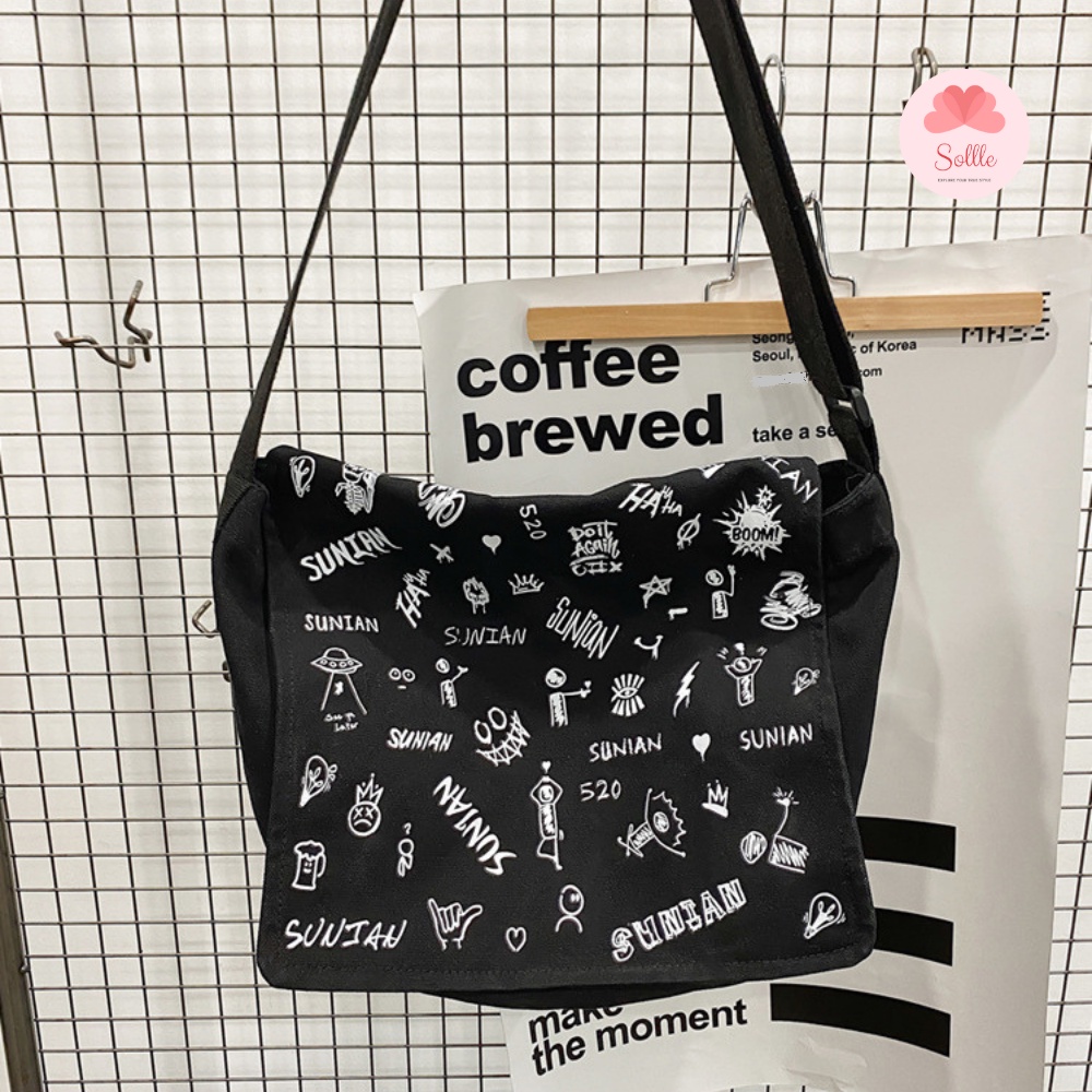 Túi tote đeo chéo nam nữ đi học vải canvas cặp đeo vai unisex ulzzang hoạt hình Sollle
