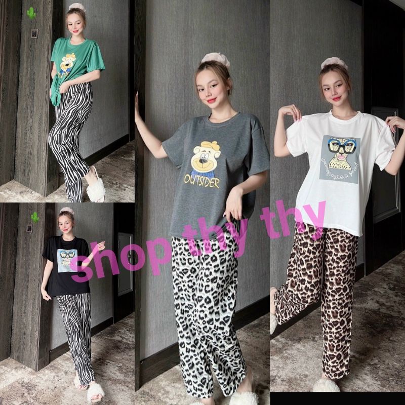 Set áo thun tay lỡ form rộng kèm quần ống xuông rằn ri,đốm chất kate lụa cực mát thời trang teen hè