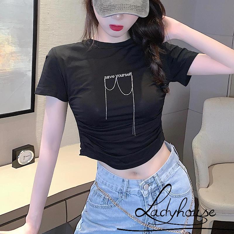 Áo Thun Tay Ngắn Cổ Tròn In Chữ Đính Đá Thời Trang Mùa Hè Dành Cho Nữ