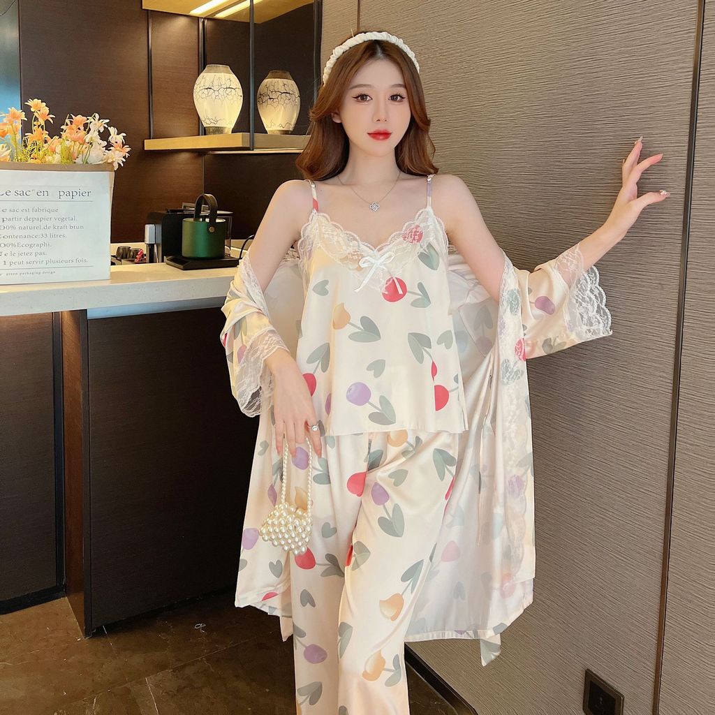 Bộ Đồ Ngủ Lụa Ba Mảnh Tay Dài Phong Cách Hàn Quốc Gợi Cảm Hàng Mới 2022