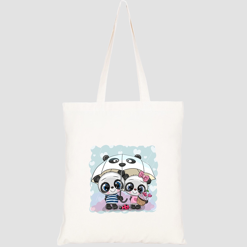 Túi vải tote canvas HTFashion in hình two cute cartoon pandas umbrella HT495