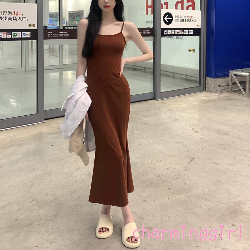 Đầm Dài Hai Dây Mỏng Màu Trơn Thời Trang Xuân Hè Dành Cho Nữ