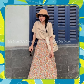 (Sp sẵn) SET ÁO PULL TRẮNG BE PARIS MIX CHÂN VÁY HOA CÚC ĐEN NÂU VINTAGE - SET ÁO CHÂN VÁY HOA NHÍ