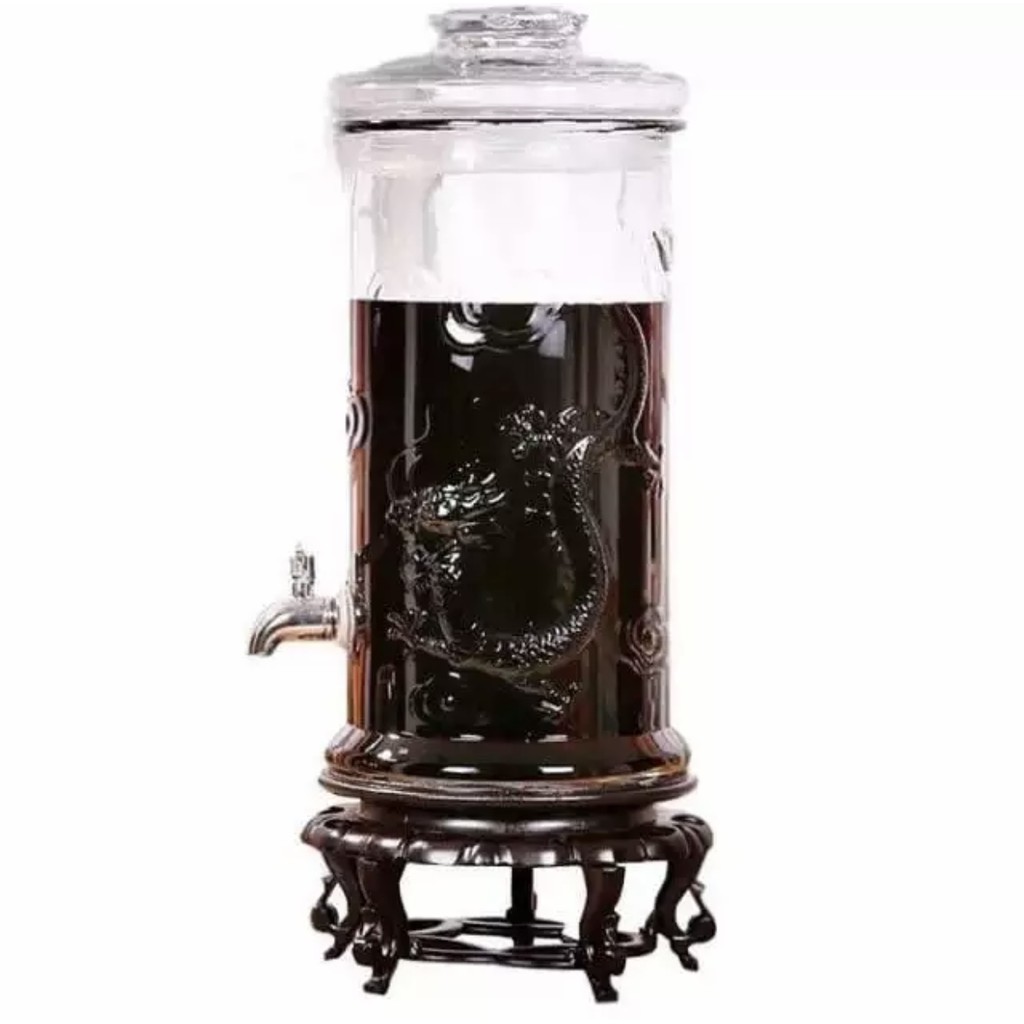 Bình ngâm rượu thủy tinh 8 lít dáng trụ hoa văn rồng - Có van &amp; không van