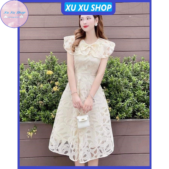 Đầm ren thiết kế cổ nơ cao cấp - XU XU SHOP - Váy dự tiệc cho nữ sang trọng dáng xòe chất ren mềm đẹp - ẢNH THẬT