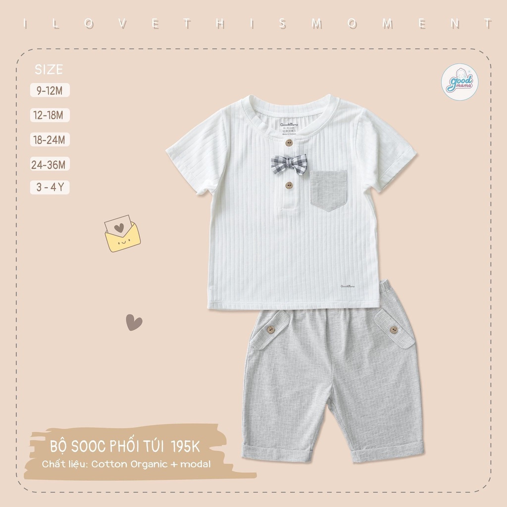 [CHÍNH HÃNG] Bộ cộc tay quần sooc phối túi cổ trụ nơ ngực vải cotton modal cho bé Good Mama