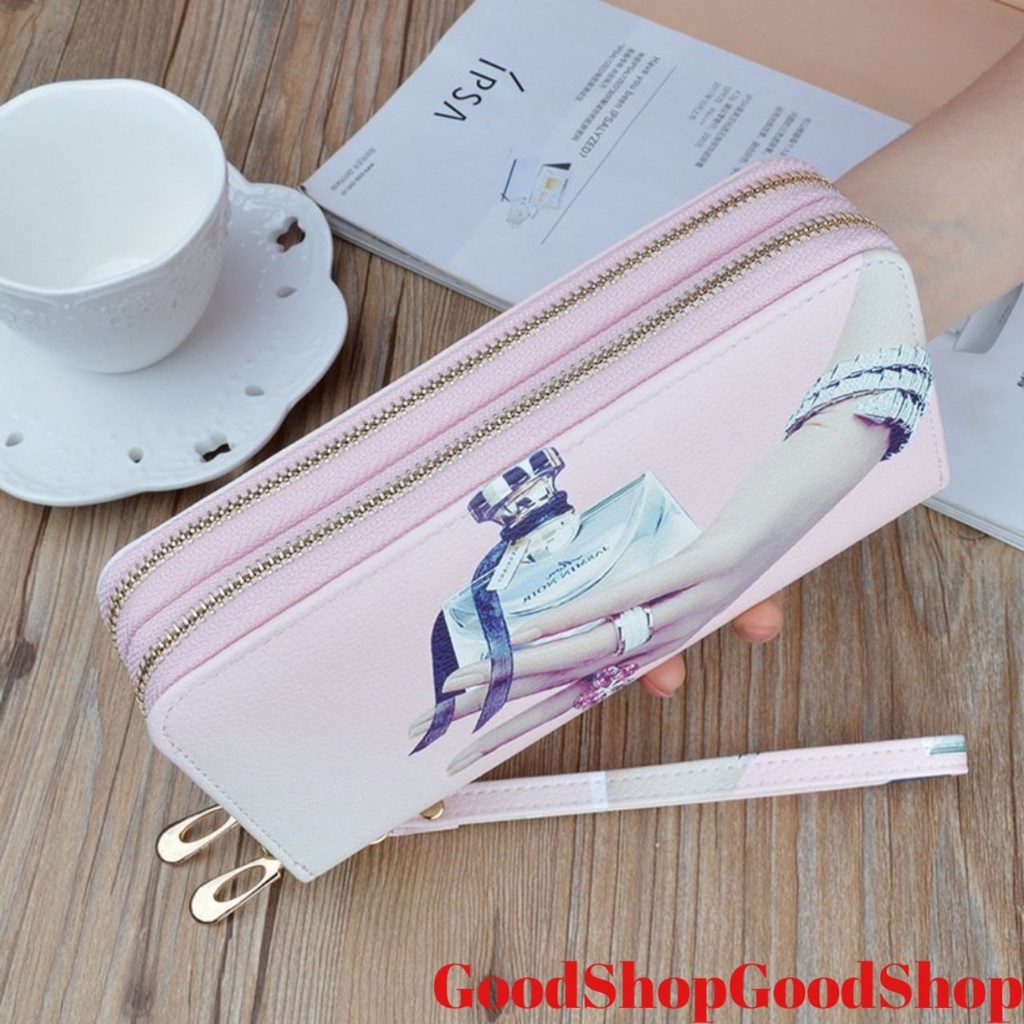 Ví nữ dài cầm tay NEW-0053 phối hoạ tiết và hình mỹ nhân mới lạ, sang trọng, kiểu dáng 2 khóa kéo tiện dụng, bền đẹp