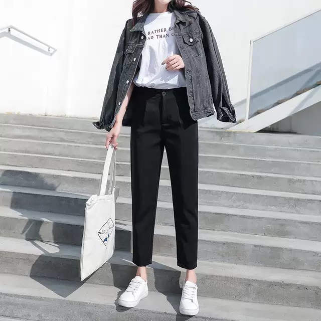 Quần tây baggy nữ công sở cạp lưng cao màu đen dáng dài khóa kéo ống đứng - Mặc đi làm công sở đi học