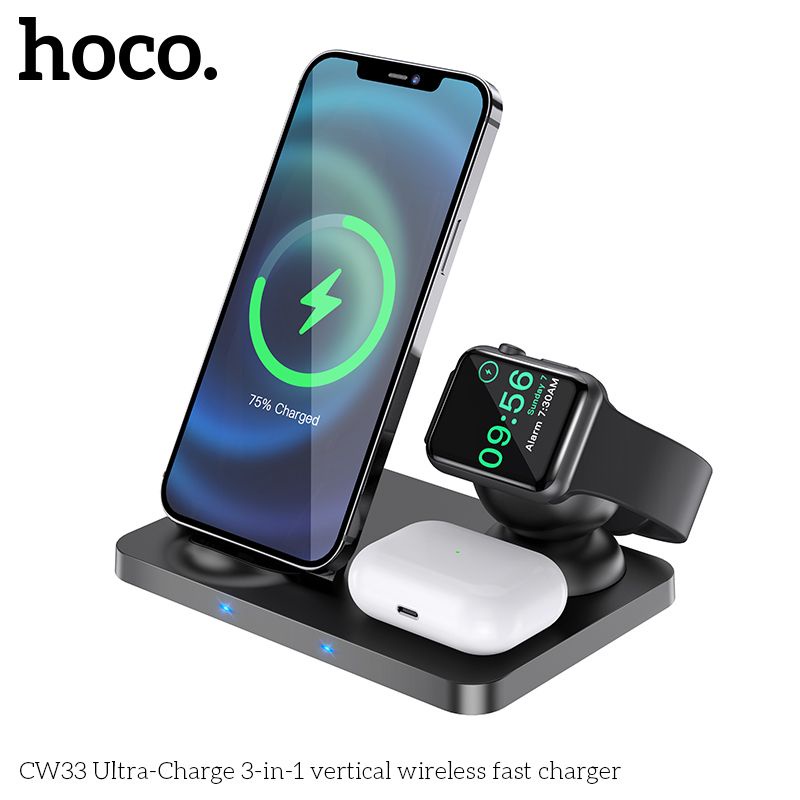 Đế sạc nhanh sạc không dây 15w chính hãng hoco Cw33 3 in 1 Chính Hãng smartphone&amp; Apple Watch &amp; Airpod