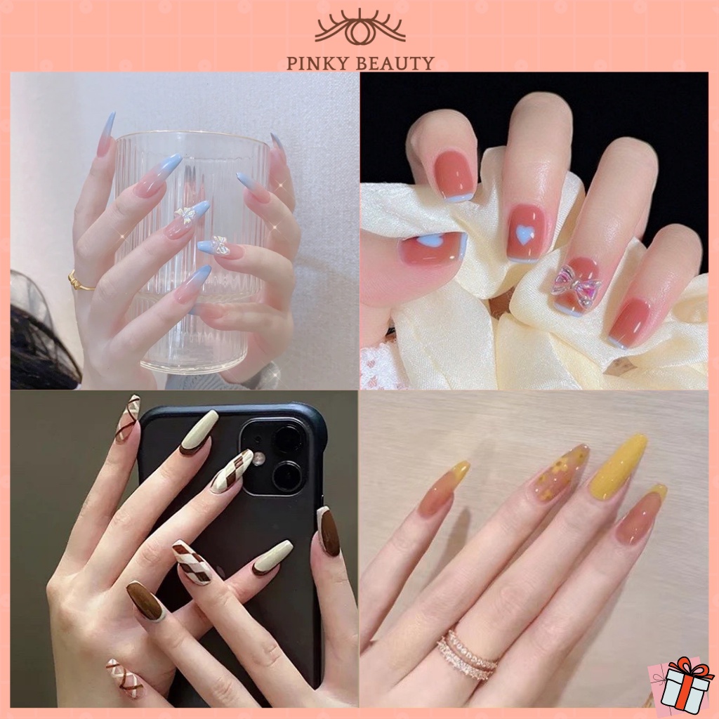 [Phụ Kiện Tặng Kèm 3 Món]Móng Tay Giả Kèm Keo Bộ 24 Móng Pinky Beauty Trang Trí Nail Nghệ Thuật, Họa Tiết Độc Đáo Cho Nữ