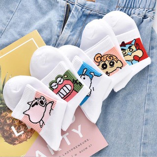 [FreeShip 50K] Set 10 Tất Cao Cổ In Họa Tiết Hoạt Hình Shin Lợn Trắng